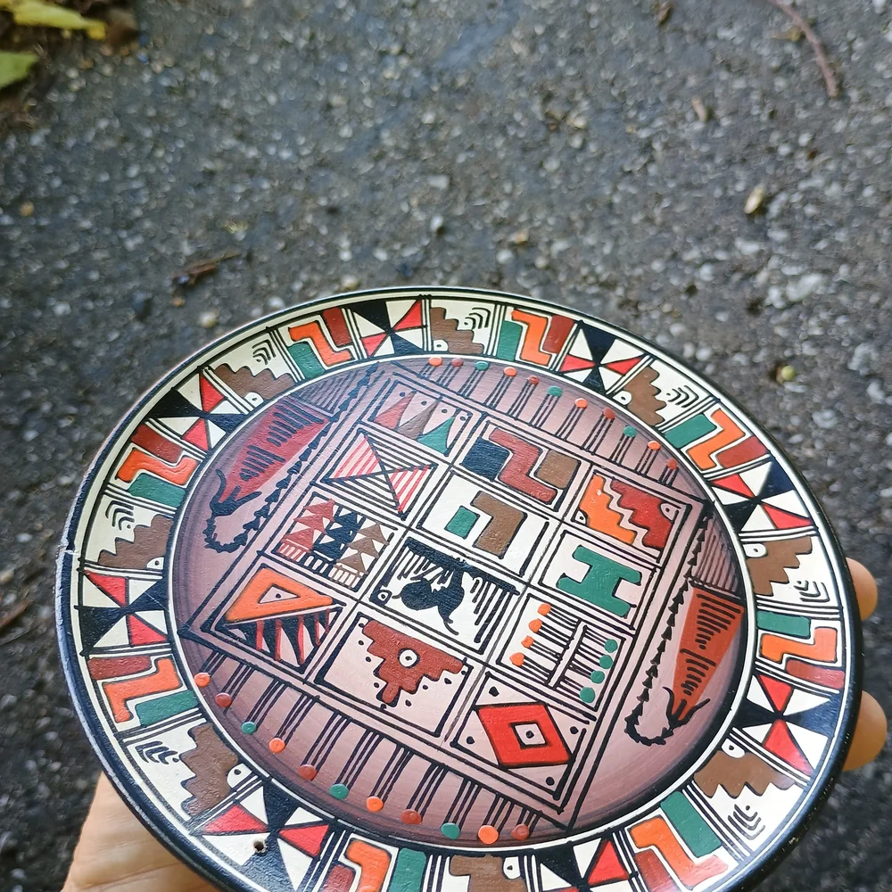 Vintage Peruvian hand-painted wood tribal dish, painted Peruvian wall decor